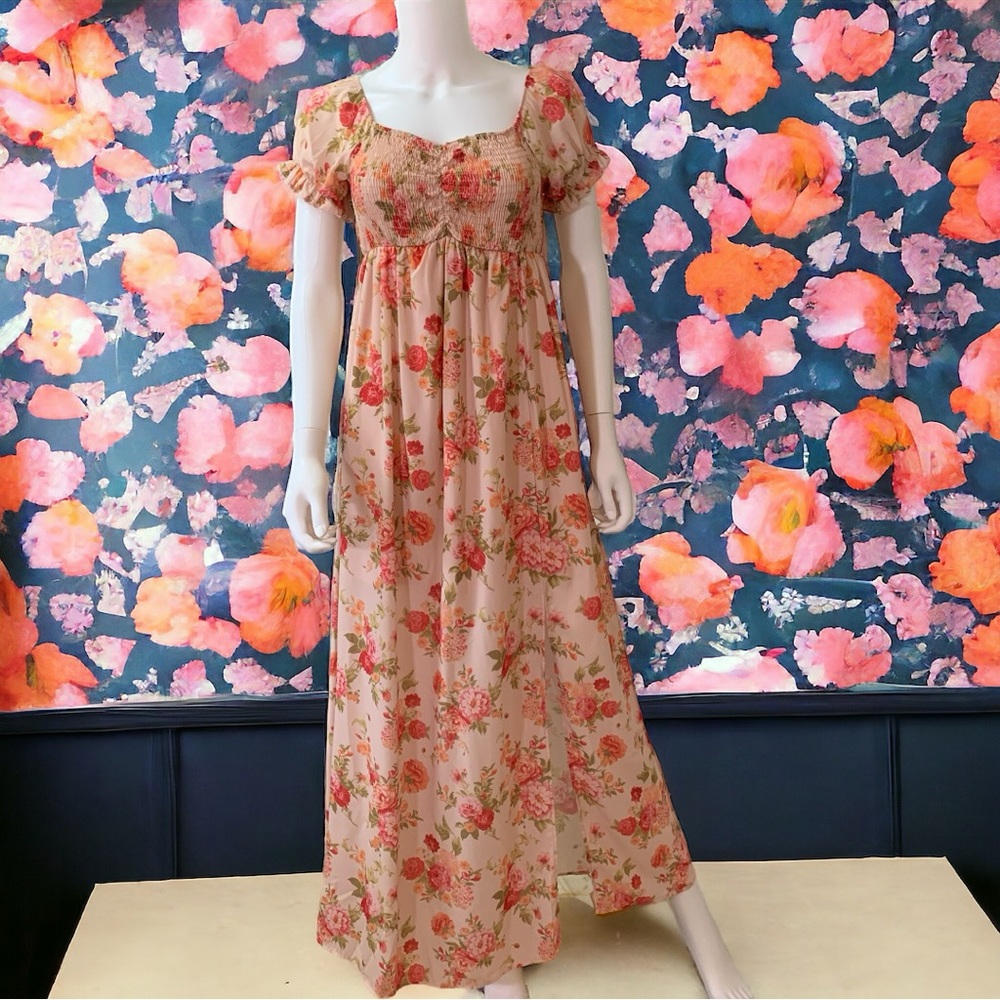 Bridgerton Peach Love Women's Rose Print Victorian Maxi Dress Size Small